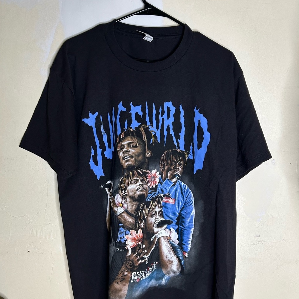 Juice Wrld Black Graphic T-Shirt with Blue and Pink Design